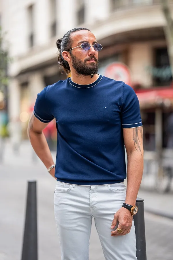 Navy Blue Slim Fit Crew Neck T-Shirt for Men by GentWith