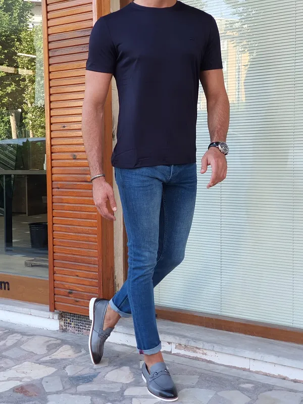 Navy Blue Slim Fit Crew Neck T-Shirt for Men by GentWith.com