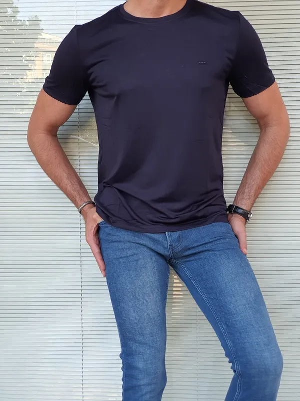 Navy Blue Slim Fit Crew Neck T-Shirt for Men by GentWith.com