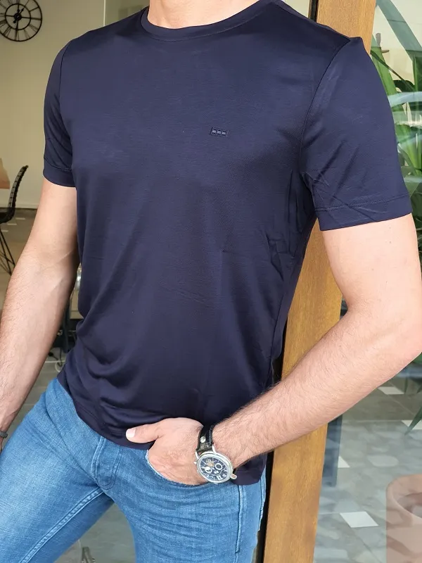 Navy Blue Slim Fit Crew Neck T-Shirt for Men by GentWith.com
