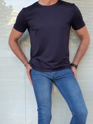 Navy Blue Slim Fit Crew Neck T-Shirt for Men by GentWith.com