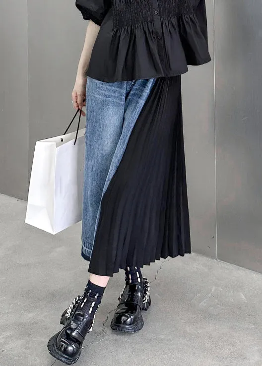 New Blue Pockets High Waist Patchwork Denim Crop Pants Fall LY9336