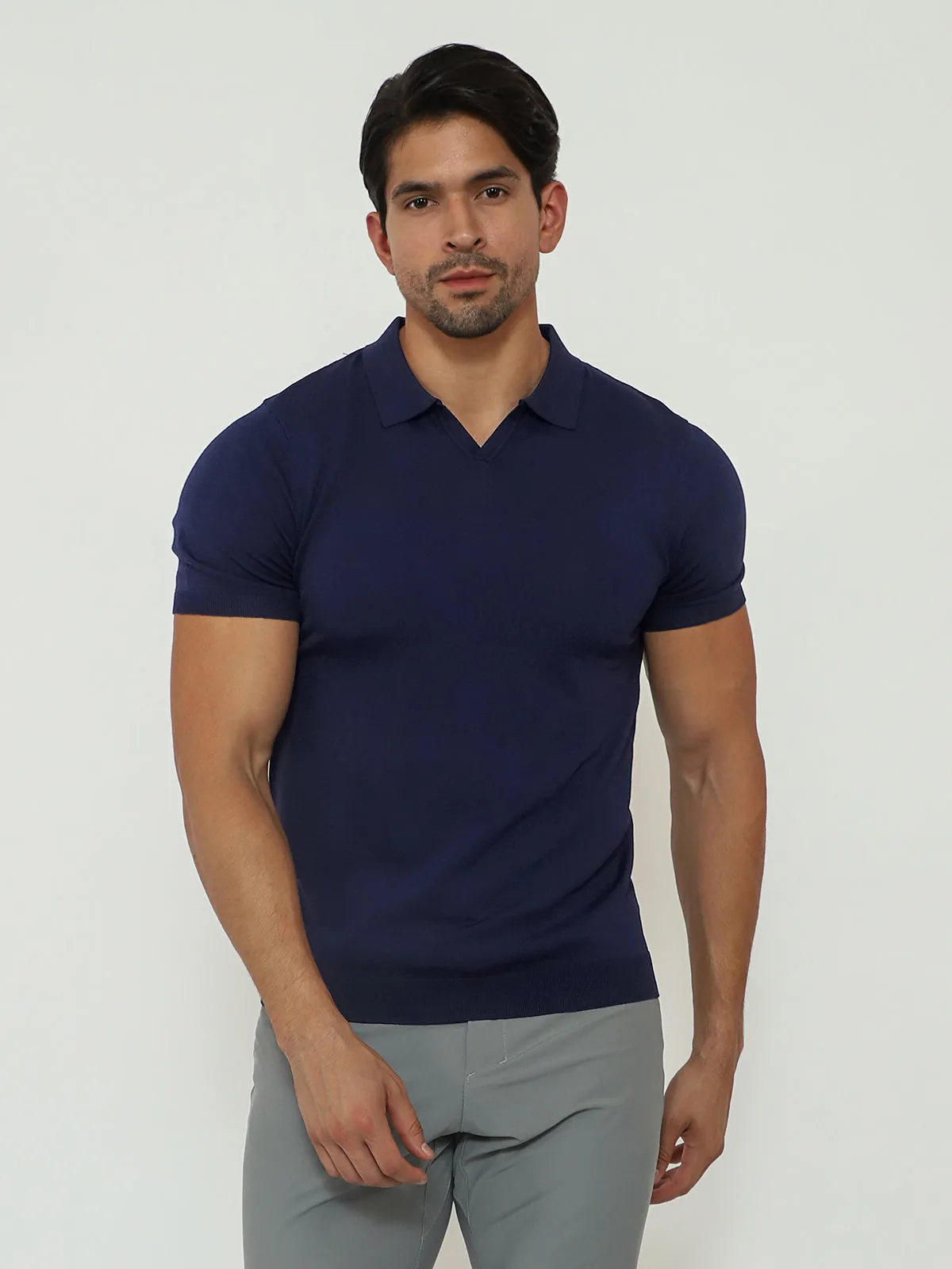 Open Collar Knit Polo Navy