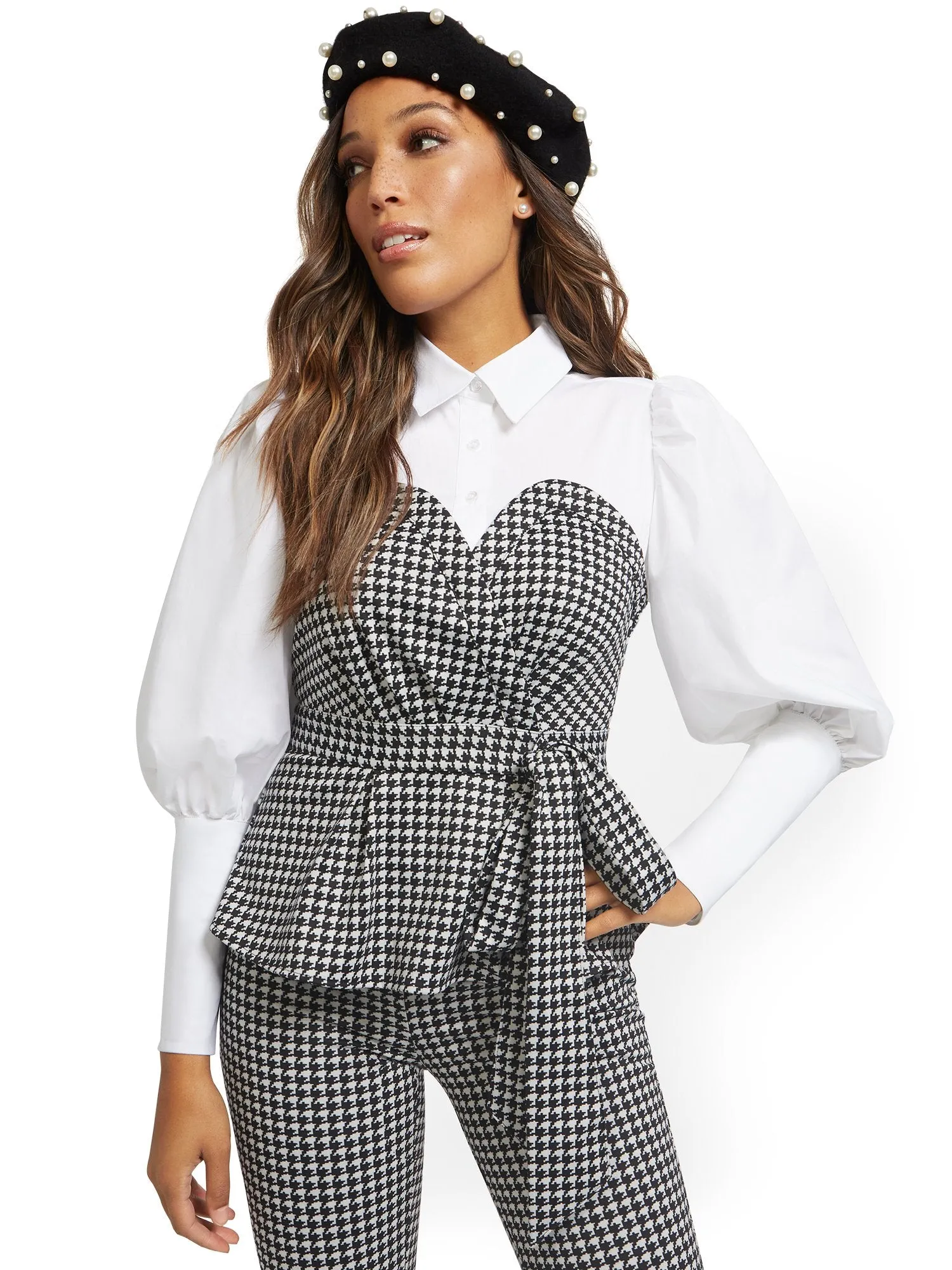 Petite Poplin Houndstooth Twofer Top