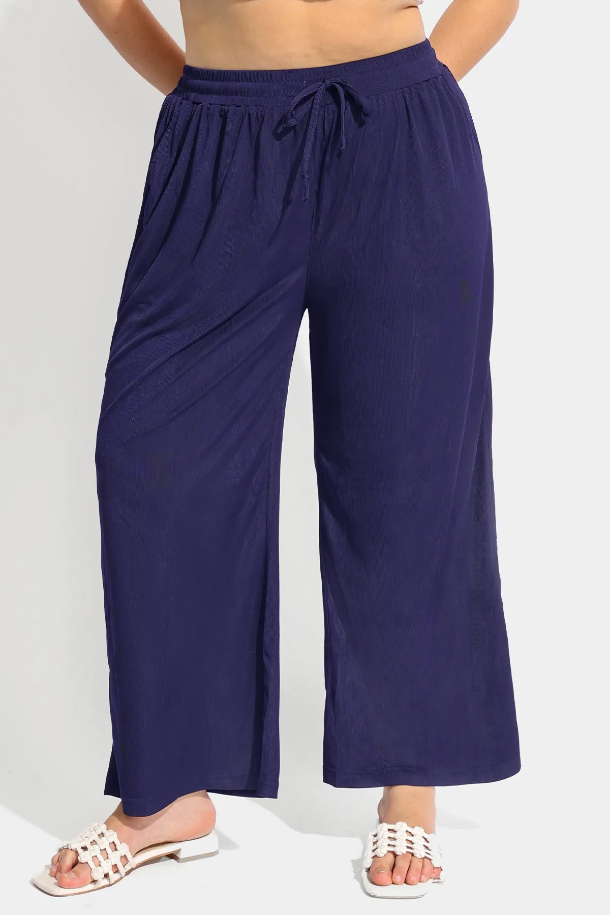 Pocket Solid Drawstring High Waist Wide Leg Pants