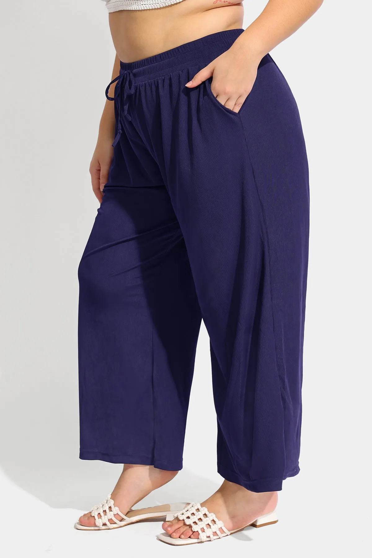 Pocket Solid Drawstring High Waist Wide Leg Pants