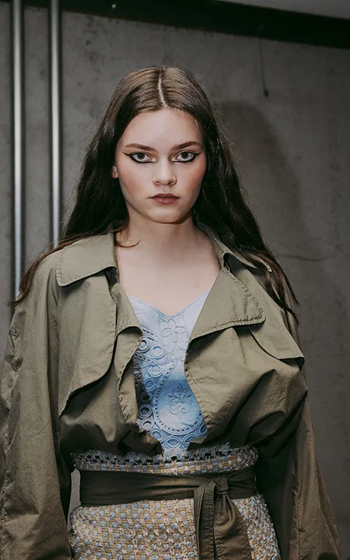 raging heart cropped khaki trench coat
