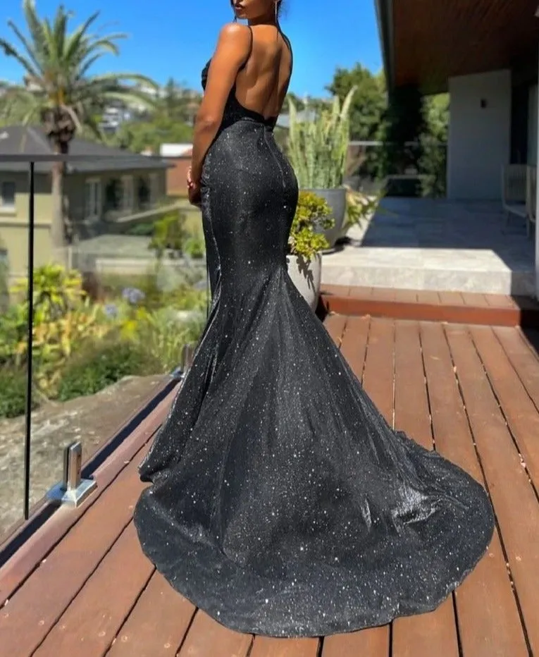 Sexy backless glitter shining paghetti strap maxi mermaid dress | Sleevesless floor-length cocktail party prom dress