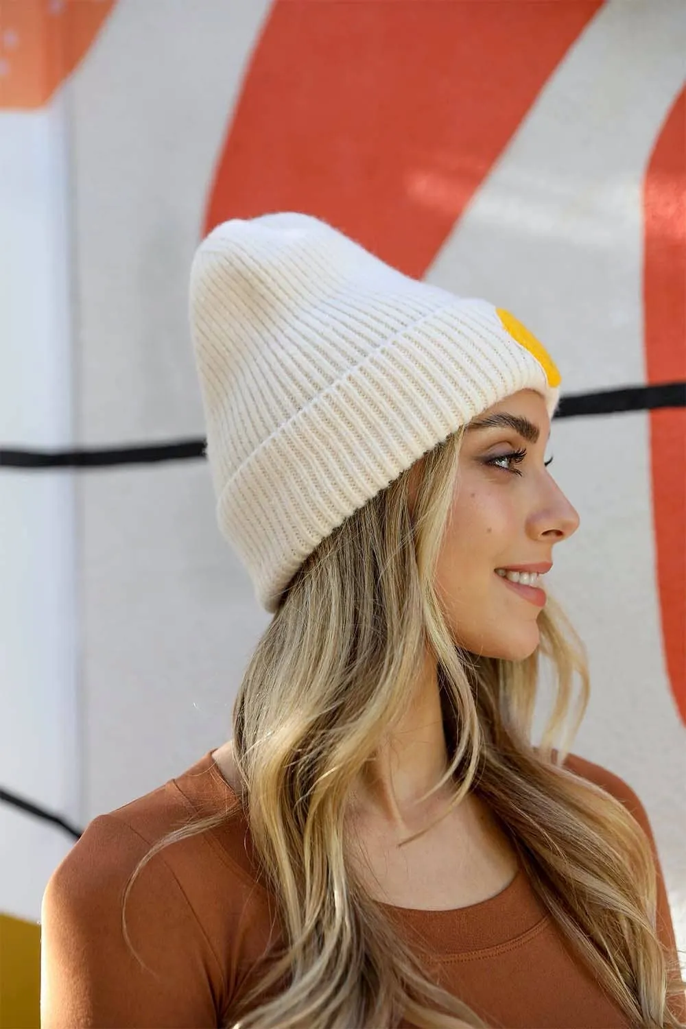 Smiley Face Ribbed Beanie (Ivory)