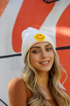 Smiley Face Ribbed Beanie (Ivory)