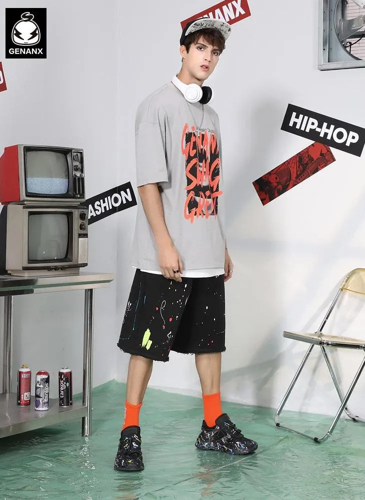 Splash Ink Print Raw Edge Loose Shorts
