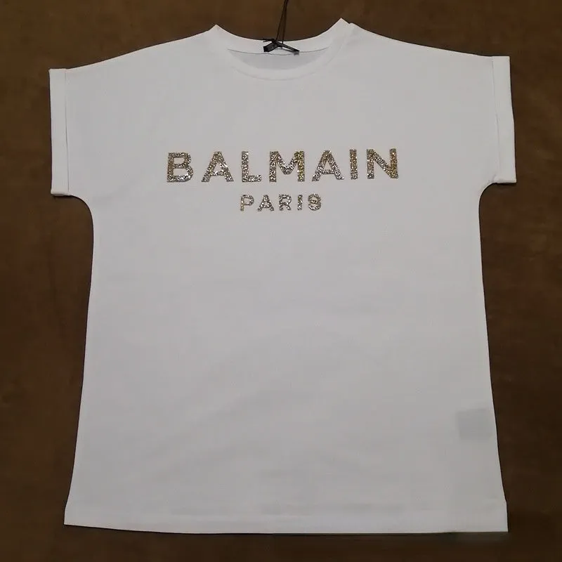 T Shirt Balmain Rhinestone Letter Straight T-shirt Women's Short Sleeve Sleeve
