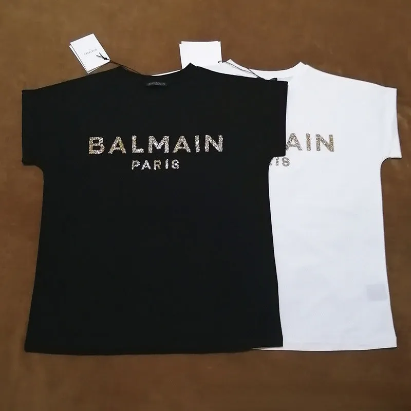 T Shirt Balmain Rhinestone Letter Straight T-shirt Women's Short Sleeve Sleeve