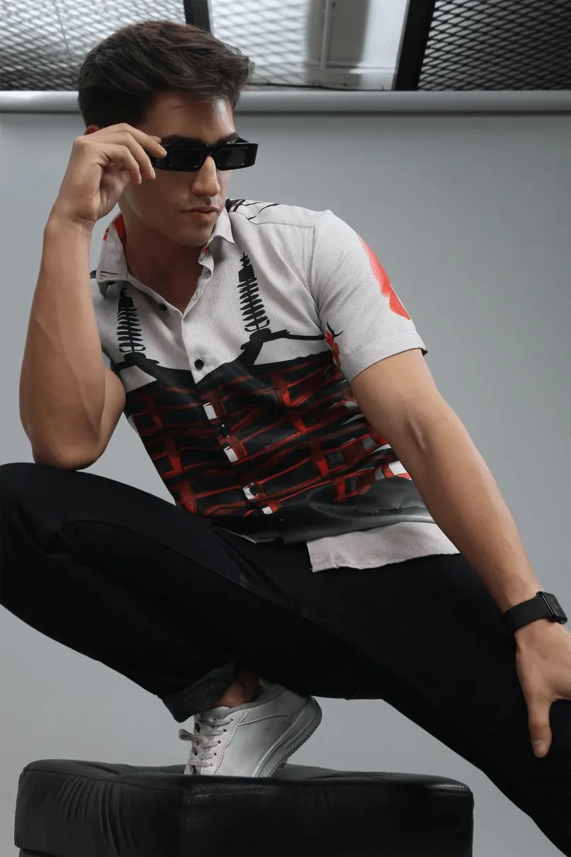 Tibetian Red Printed Shirt - Half - Wrinkle Free