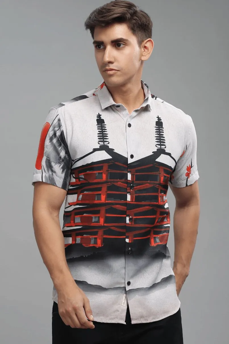 Tibetian Red Printed Shirt - Half - Wrinkle Free