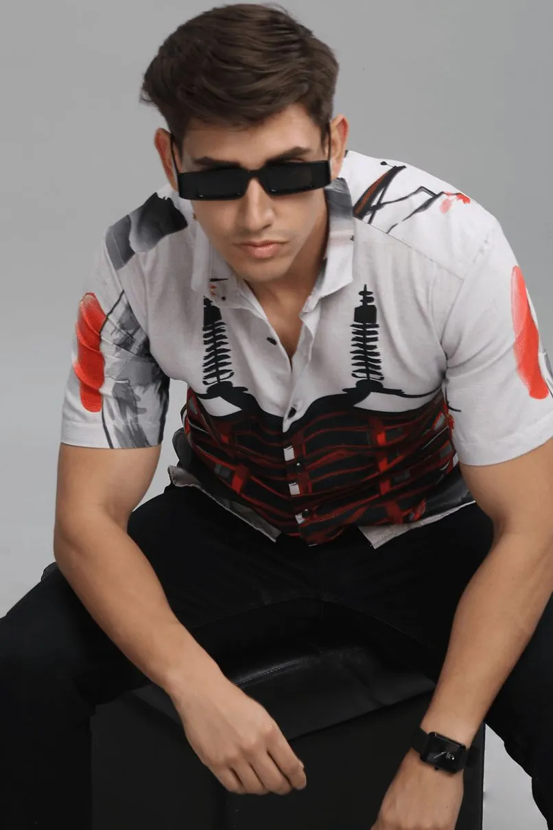 Tibetian Red Printed Shirt - Half - Wrinkle Free