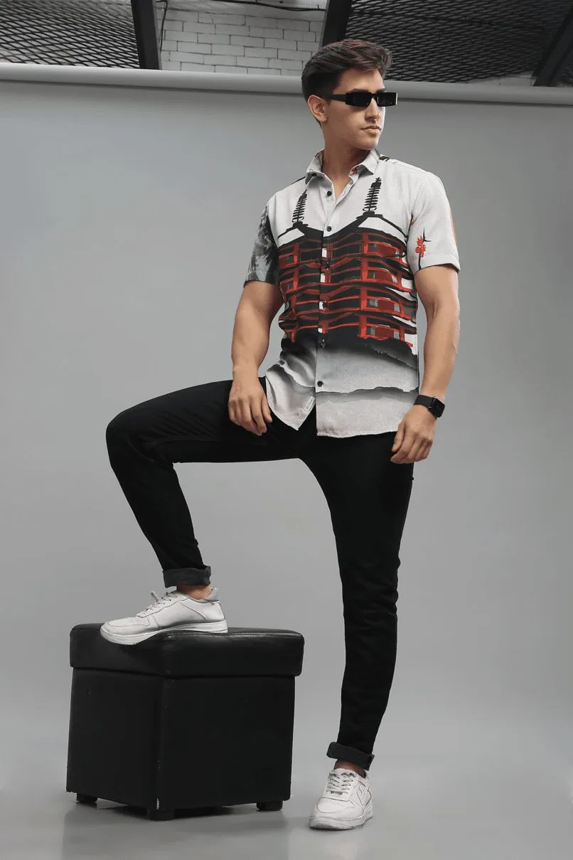 Tibetian Red Printed Shirt - Half - Wrinkle Free