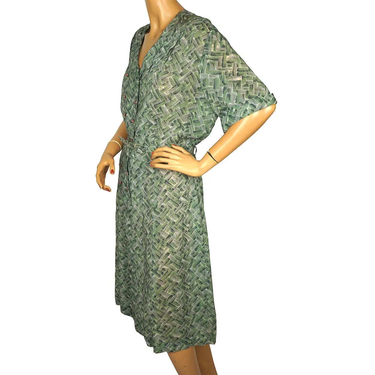 Vintage 1950s Dress Green &amp; Grey Rayon Abstract Geometric Print Size XL