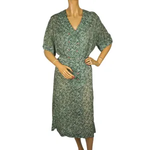 Vintage 1950s Dress Green &amp; Grey Rayon Abstract Geometric Print Size XL