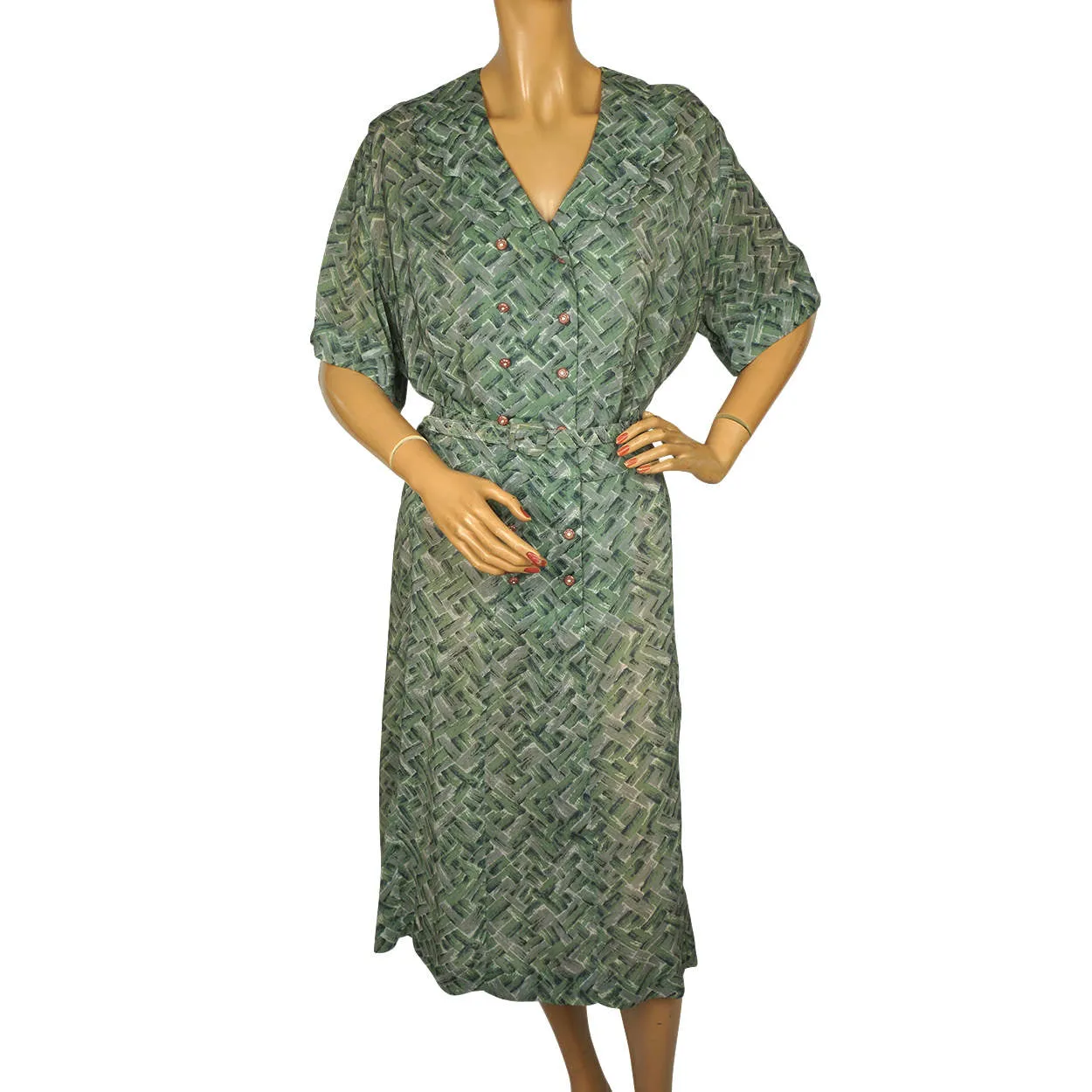 Vintage 1950s Dress Green &amp; Grey Rayon Abstract Geometric Print Size XL