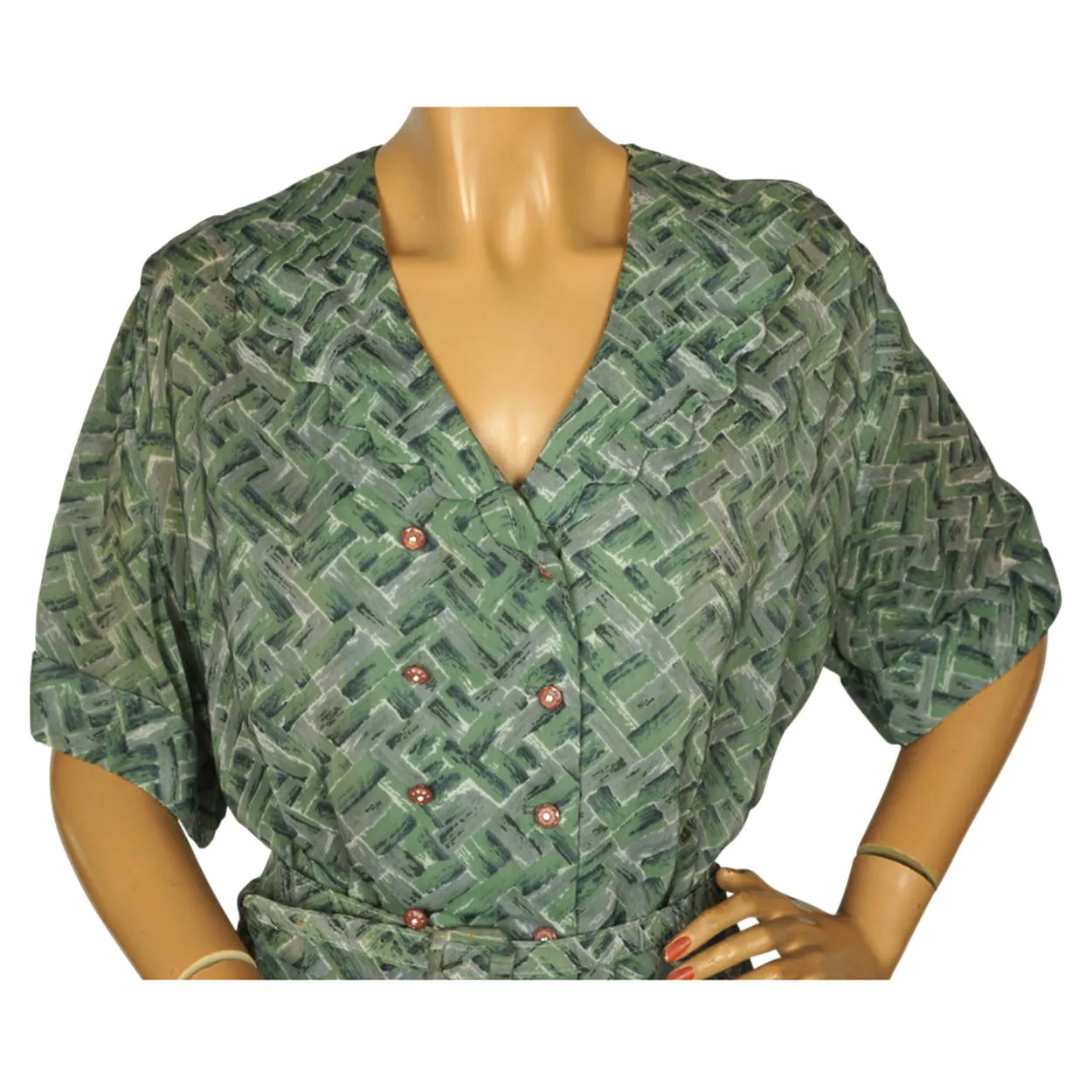 Vintage 1950s Dress Green &amp; Grey Rayon Abstract Geometric Print Size XL