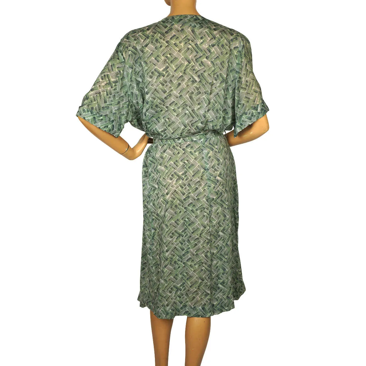 Vintage 1950s Dress Green &amp; Grey Rayon Abstract Geometric Print Size XL