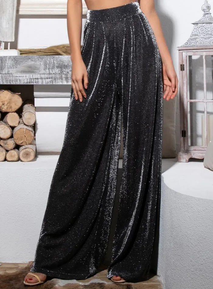 Vintage Glittery Women's High Waist Wide Leg Pants Black