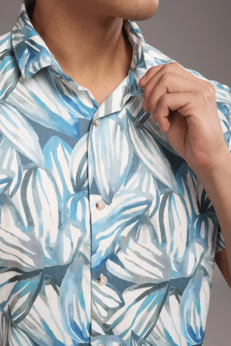 White & Blue Leaf Printed Shirt - Half - Wrinkle Free