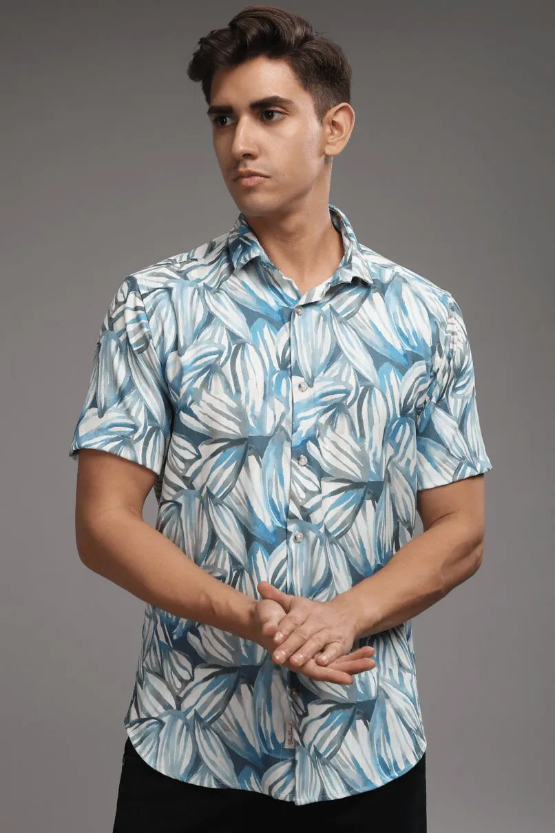 White & Blue Leaf Printed Shirt - Half - Wrinkle Free