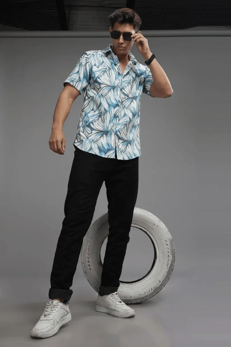 White & Blue Leaf Printed Shirt - Half - Wrinkle Free