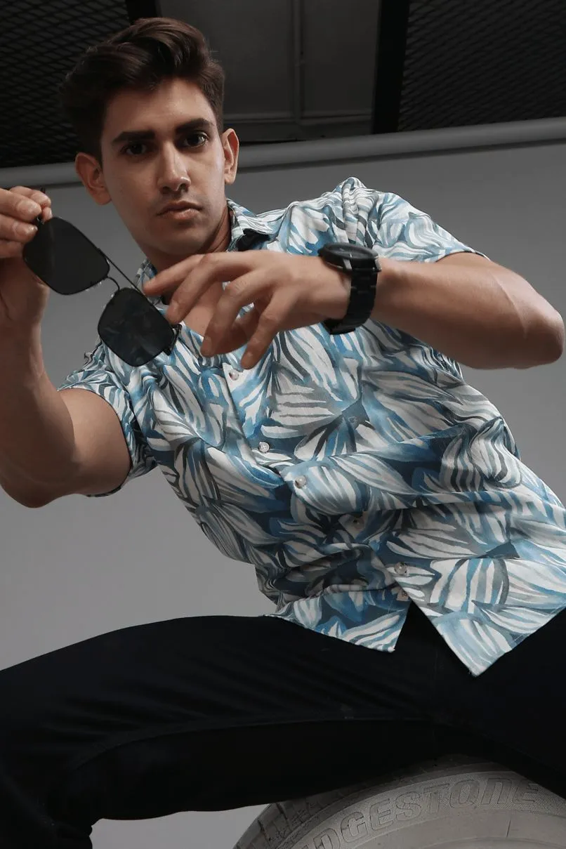 White & Blue Leaf Printed Shirt - Half - Wrinkle Free
