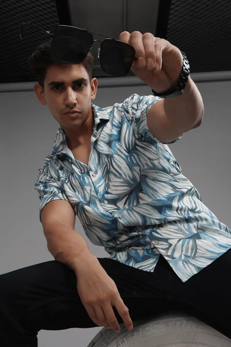 White & Blue Leaf Printed Shirt - Half - Wrinkle Free