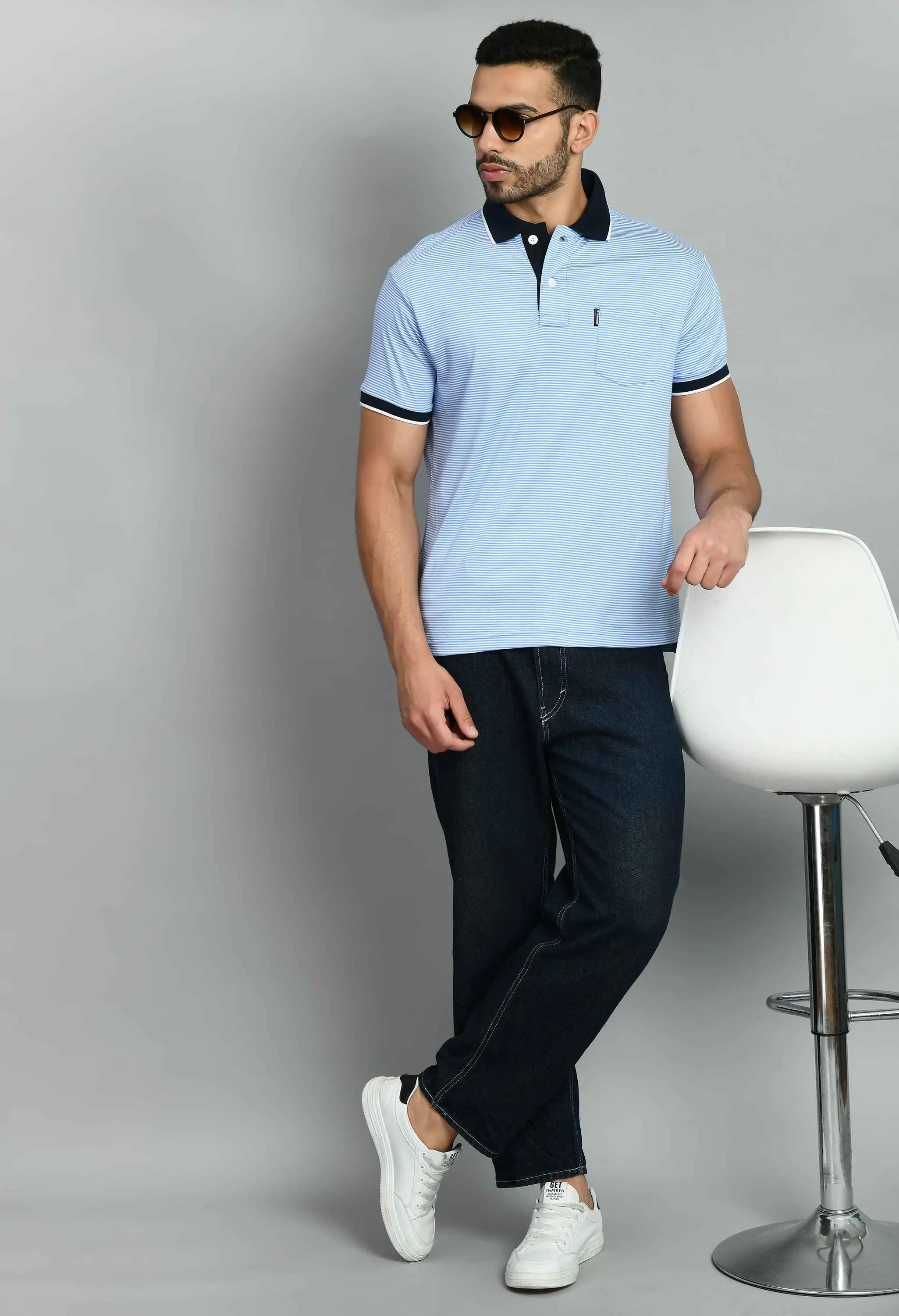 White Blue Polo Neck T-Shirt