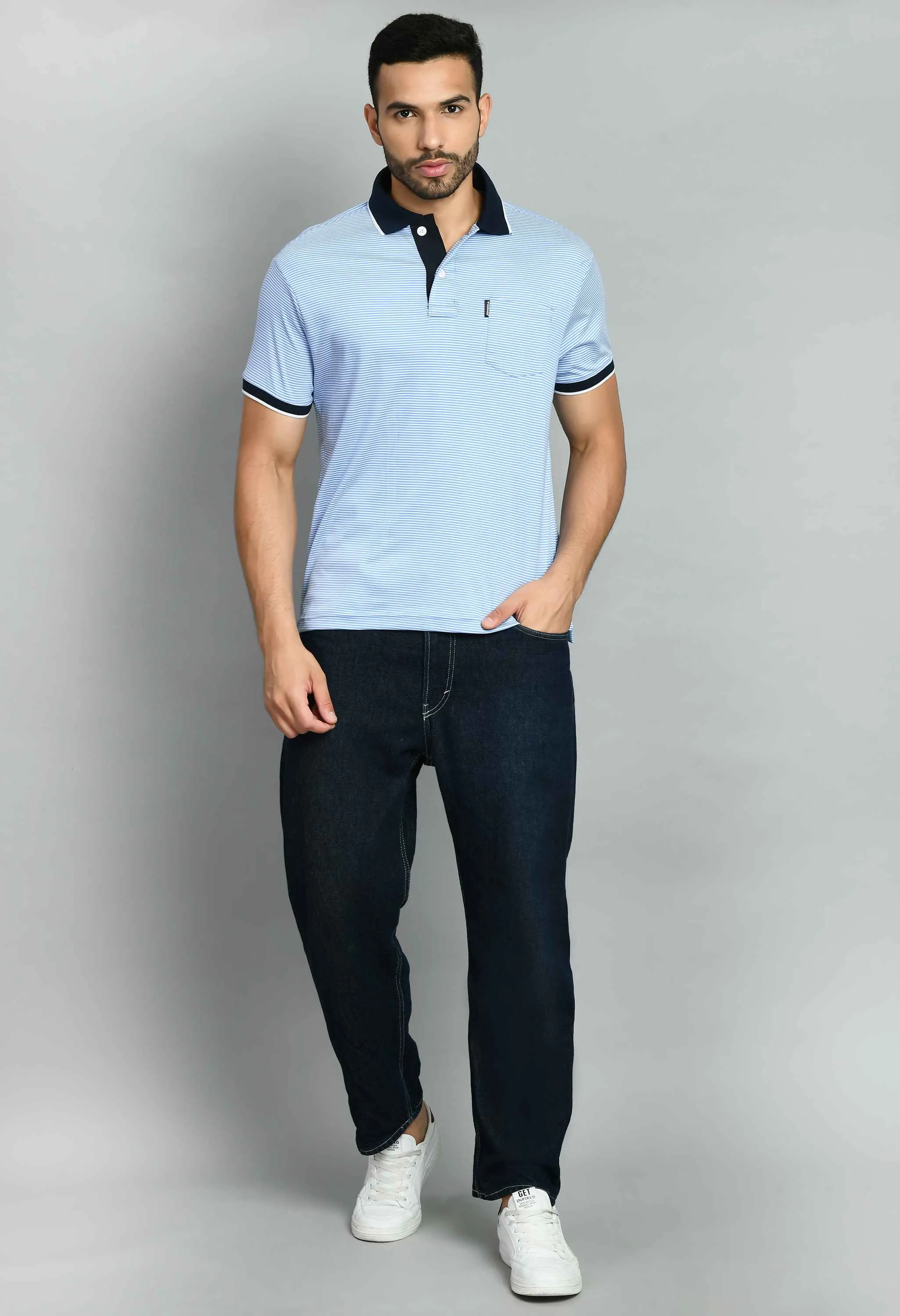 White Blue Polo Neck T-Shirt