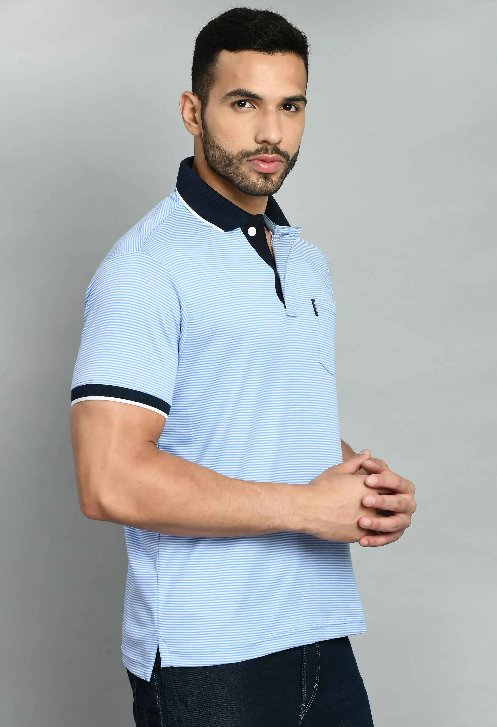 White Blue Polo Neck T-Shirt