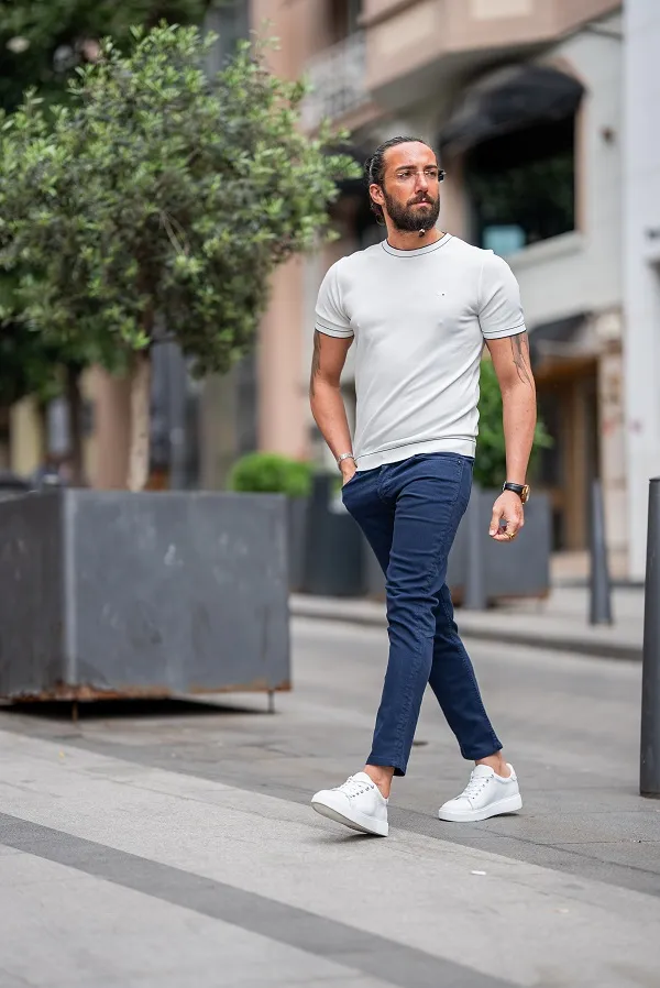 White Slim Fit Crew Neck T-Shirt for Men by GentWith