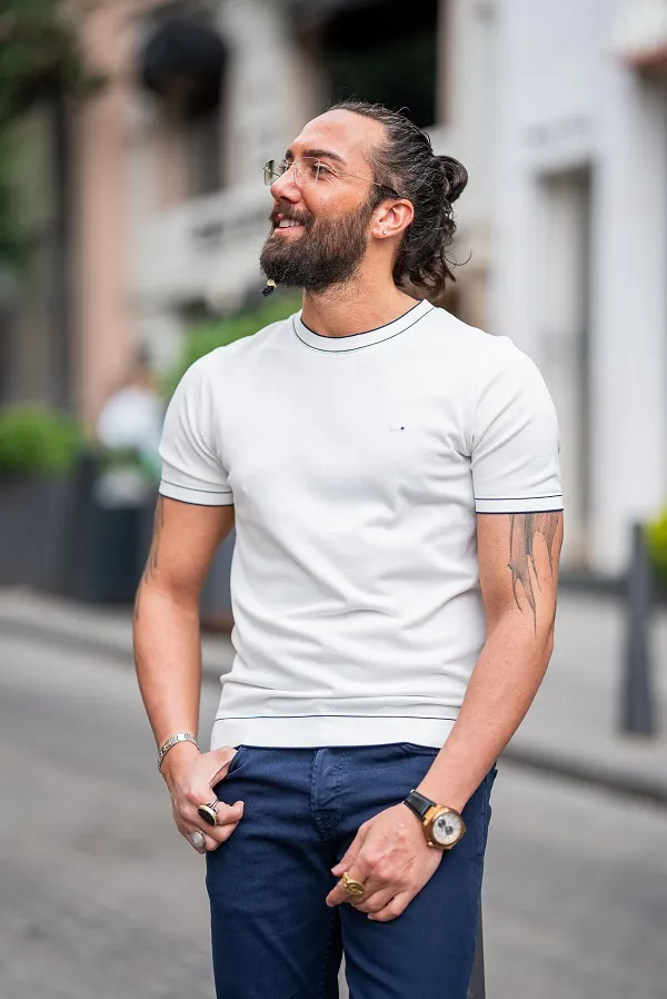White Slim Fit Crew Neck T-Shirt for Men by GentWith