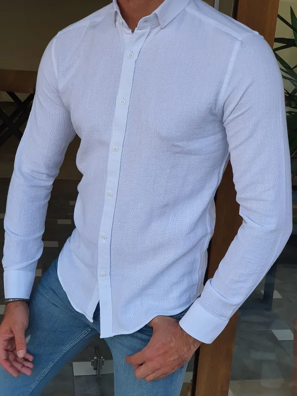White Slim Fit Long Sleeve Cotton Shirt for Men by GentWith.com