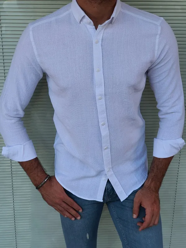 White Slim Fit Long Sleeve Cotton Shirt for Men by GentWith.com