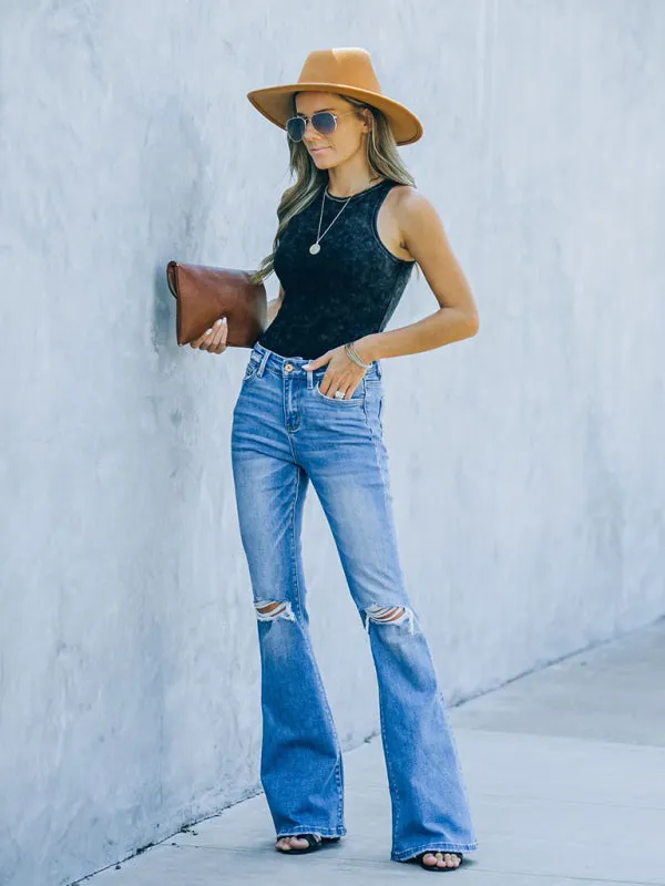 Women's High Waist Ripped Knee Hem Bootcut Jeans