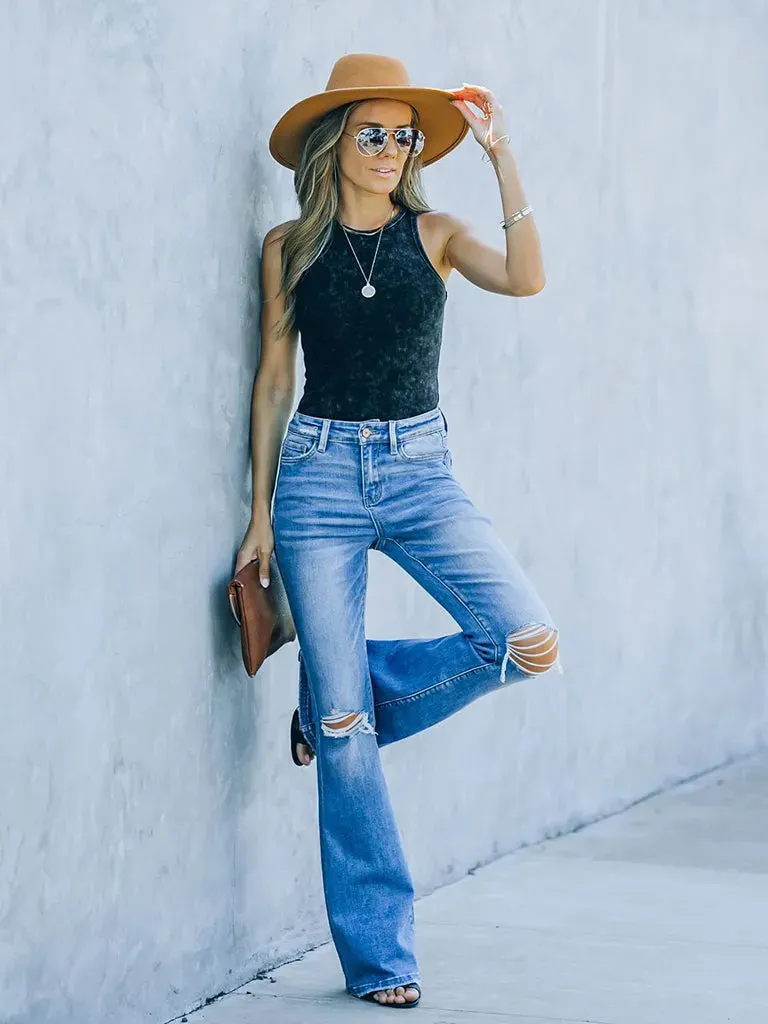 Women's High Waist Ripped Knee Hem Bootcut Jeans
